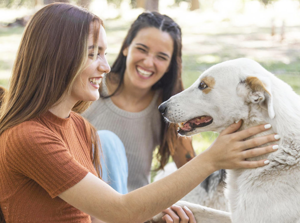 women playing with dog